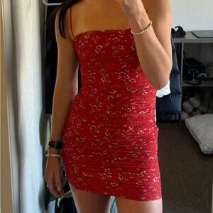 Women's Red Floral Ruched Bodycon Dress